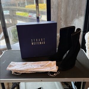 Stuart Weitzman Black Suede Ankle Boots with tortoise detail around toe
Bag too